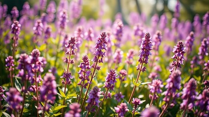 Obraz premium A field of delicate purple wildflowers bathed in warm sunlight, creating a serene and picturesque landscape.