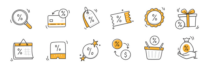 Doodle discount sale icon set. Discount percent, shop sale coupon hand drawn sketch line pen stroke style icon. Special price offer deal sketch doodle drawn collection. Vector illustration