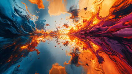 A vibrant abstract painting with dynamic splashes of blue, orange, and red, radiating from a central point, creating a sense of explosive energy and movement.