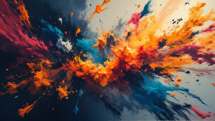 A vibrant abstract painting with dynamic splashes of blue, orange, and red, radiating from a central point, creating a sense of explosive energy and movement.