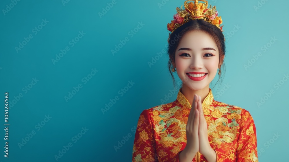 Wall mural smiling young asian woman gesturing traditional greeting isolated over blue background