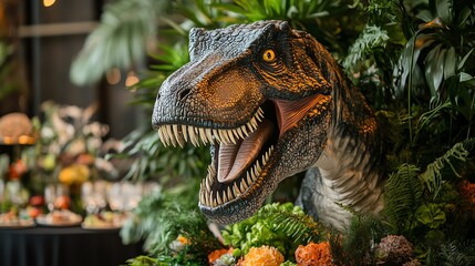 Dinosaur head display amidst lush greenery at event venue