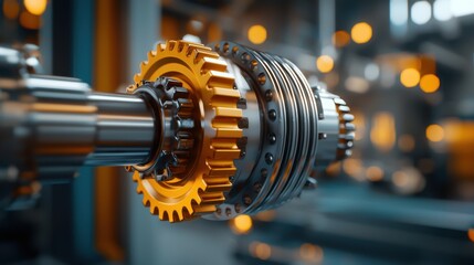 Obraz premium Precision Engineering in Action: Close-Up of Intricate Gears and Bolts in Industrial Machine Inside Factory