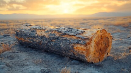 Fototapeta premium Sunlit Timber Log on Desert Sand at Sunset