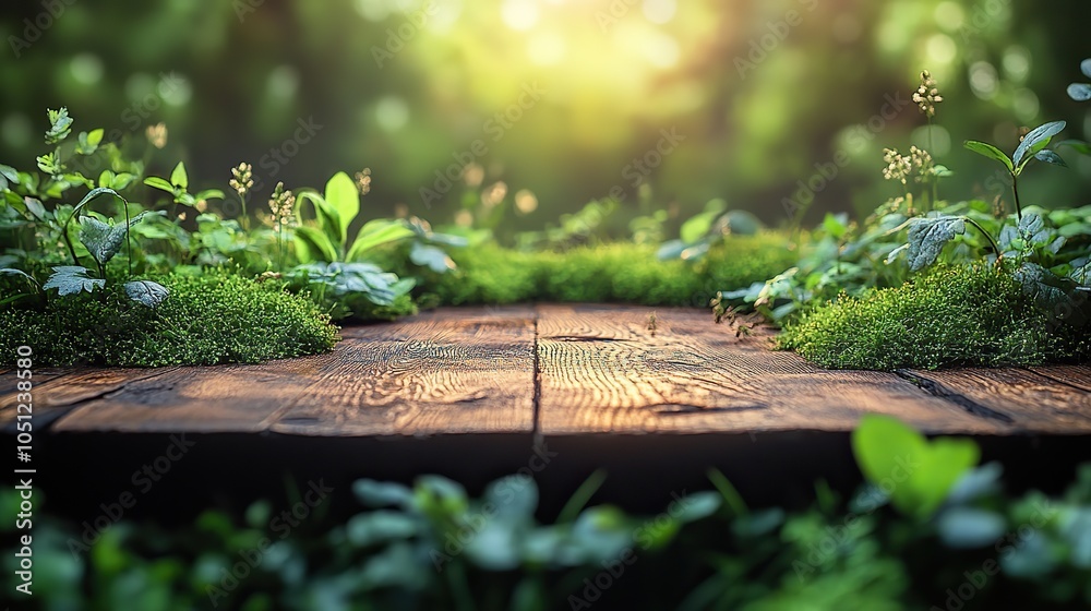 Poster spring-themed background with green grass and wooden table top, perfect for product display.