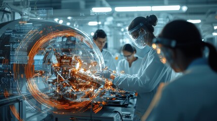 Young Professionals Engaging with Advanced Industrial Machinery at Modern Tech Facility