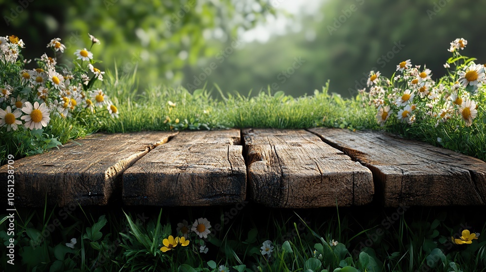 Poster springtime background with fresh green grass and wooden table top, ready for design use.