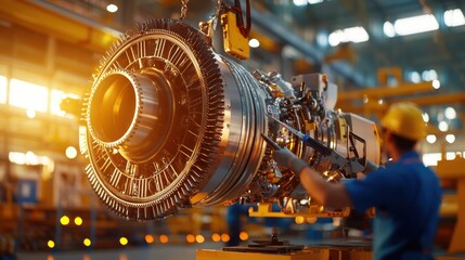 Skilled Engineers Assembling Massive Marine Engine with Specialized Tools in Well-Lit Shipyard