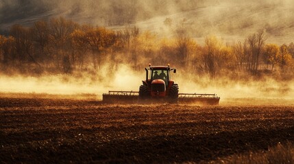 Fototapeta premium Powerful tractor cultivating fertile field during spring season with dust cloud in background, showcasing modern farming machinery and agricultural soil preparation for planting crops in rural landsca