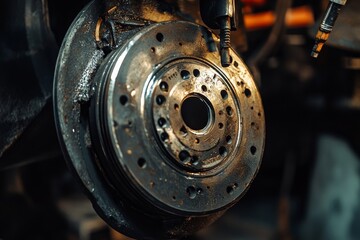 Shiny circular car part with intricate details hangs in a blurred auto repair shop, showcasing precision engineering