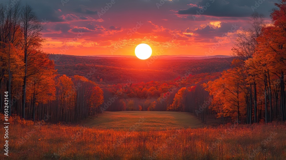Poster sunset over fall landscape with trees, and white circle at the top with hello october written inside