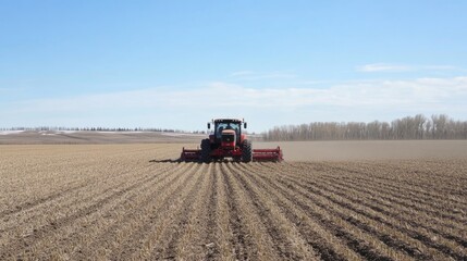 Obraz premium Tractor pulling an air seeder across expansive fields under a clear blue sky in alberta, canada, showcasing agricultural practices west of high river for sustainable farming and crop cultivation