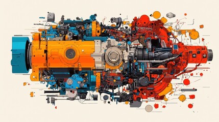 Turbocharged Machinery Mashup: Colorful T-Shirt Design with Engine Components, Excavators, and Bulldozers in Dynamic Motion