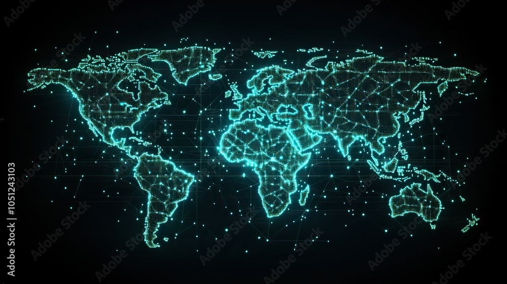Poster technological world map presented in sleek digital format, symbolizing global connections.stock phot