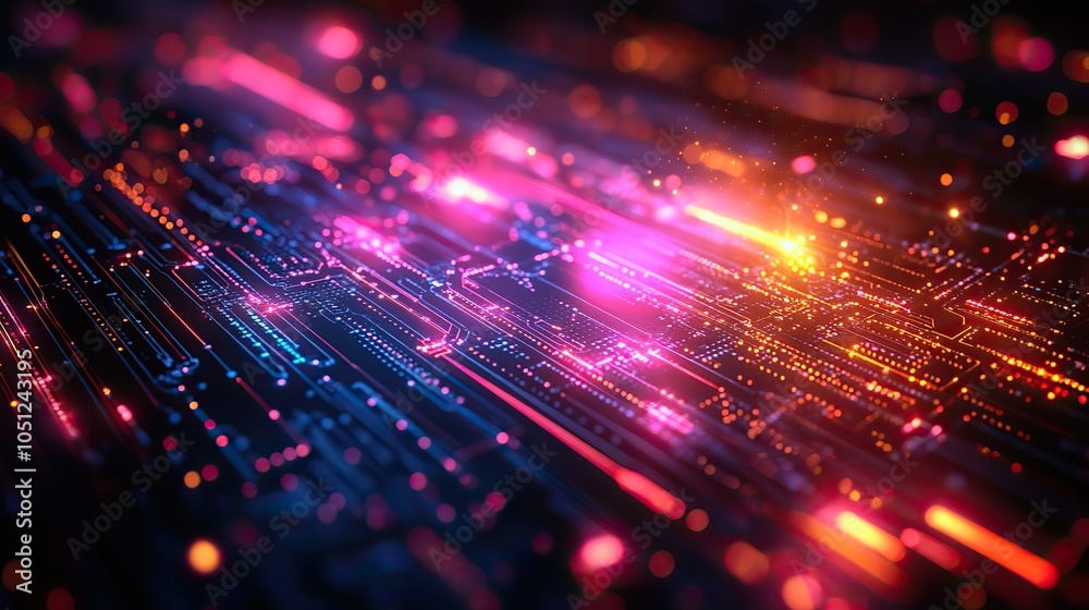 Aufkleber technology banner design with diagonal lines, gradient effect, and light on dark blue background.ima