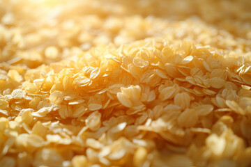 A close-up view of golden seed-like flakes arranged densely, illuminated by soft light, creating a warm and textured appearance.