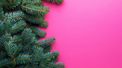 Aesthetic pink christmas background with fresh dark green fir branches, copy space. Generative AI