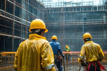 A construction site during a rainstorm, with workers in rain gear continuing their work, representing dedication and resilience