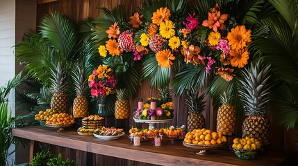 Fototapeta premium Vibrant tropical fruit and floral display for celebrations