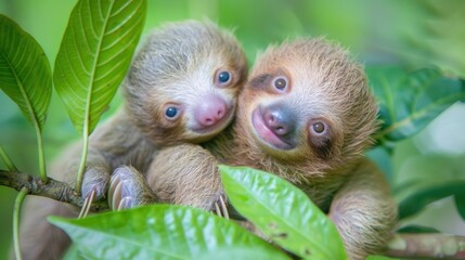 Fototapeta premium Two cute baby sloths are holding on to a tree branch.