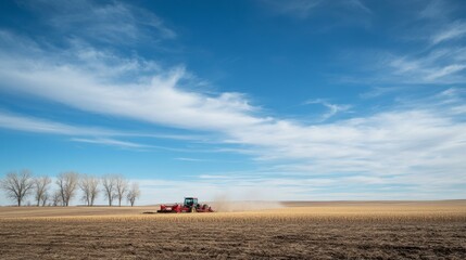 Fototapeta premium Tractor pulling an air seeder across a vibrant field under a clear blue sky, capturing the essence of modern farming in alberta west of high river during seeding season