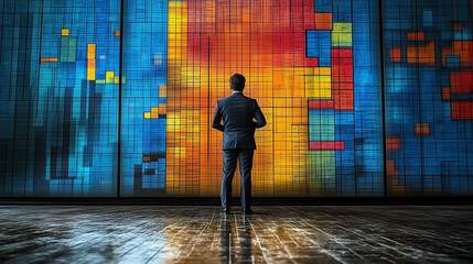 Strategist Before a Data Wall: A contemplative businessman stands before a large, vibrant data visualization, contemplating future strategies and opportunities.
