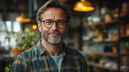 Obraz premium Confident and Approachable: A portrait of a mature man with a warm smile and a friendly demeanor, framed by a cozy, inviting cafe backdrop. His confidence and approachable nature shine through.