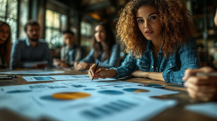 Fototapeta premium Focused on the Data: A woman with curly hair intently analyzes charts and graphs during a team meeting, showcasing her dedication and analytical skills. 
