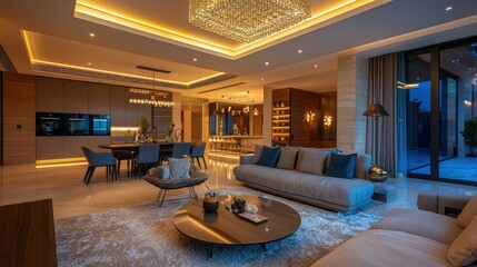 Living area with elegant lights, spacious layout, and sophisticated decor.