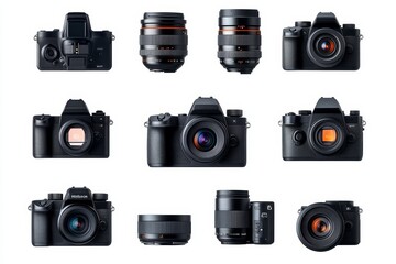 Different camera bodies and lenses arranged on a white background, creating a visually appealing flat lay for photography enthusiasts