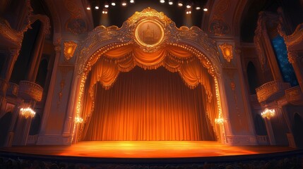 Obraz premium A captivating theater stage scene showcasing elegant orange curtains and vibrant spotlights, ideal for creating a theatrical ambiance in illustrations and designs.
