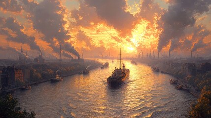 Industrial Cityscape with Sunset and a Ship Sailing Down a River