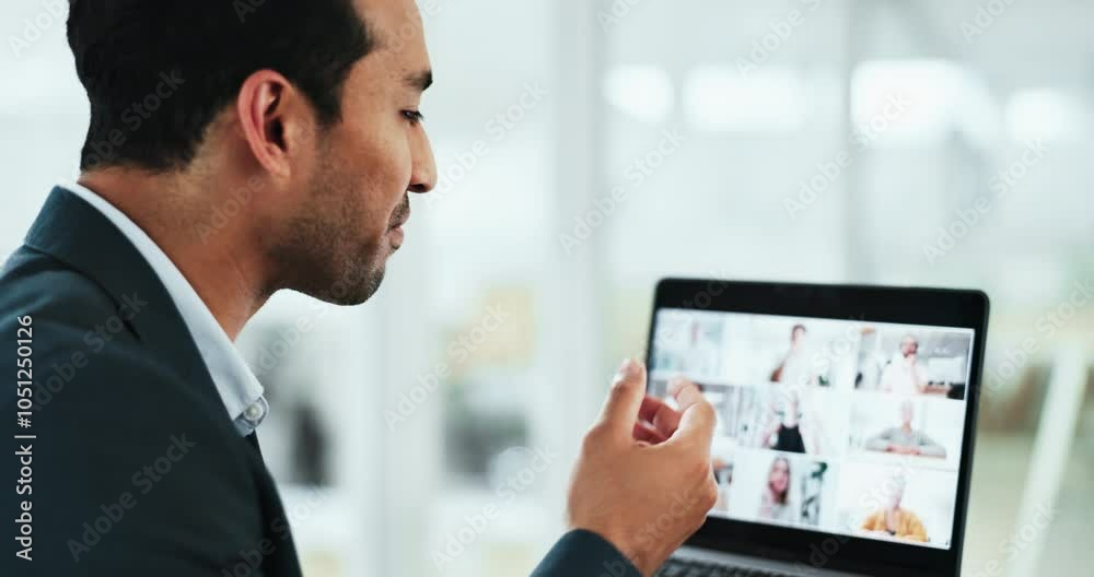 Poster business man, laptop and video call with screen, talking and group with consultation in modern offic