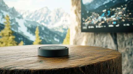 Stylish blank mockup of a smart home device positioned on a rustic wooden surface with scenic mountain background