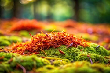 Saffron threads scattered on a mossy forest floor, wildflowers, moss, nature, earthy