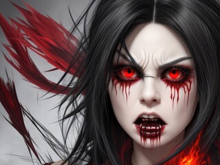 Fototapeta premium Haunting Beauty,Spooky yet stunning, a youthful beauty flaunts eerie eye makeup, bold blood-red lips, and a mischievous grin in a hauntingly lit