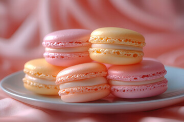 Fototapeta premium A plate of colorful macarons, featuring delicate pastel hues of pink and yellow, set against a soft, textured background.