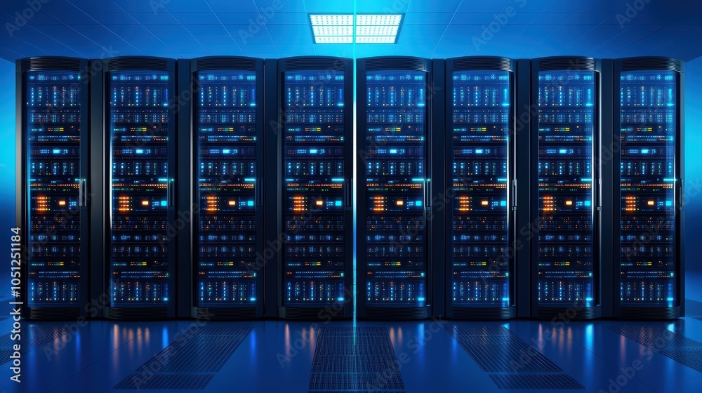 Poster futuristic data center with rows of illuminated server racks, showcasing advanced computing technolo