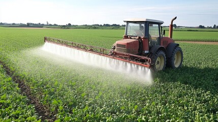 Fototapeta premium Modern farming tractor spraying pesticides over lush green soybean field in rural agricultural landscape, demonstrating precision agriculture techniques for crop protection and increased yield 