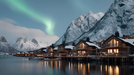 Fototapeta premium Cozy wooden cabins with warm lights reflect on tranquil fjord under bright Northern Lights in Lofoten, surrounded by snow covered mountains