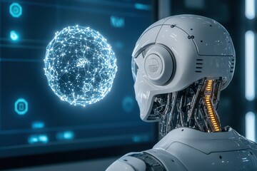 Futuristic robot analyzing holographic data in a high-tech environment.