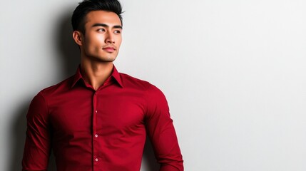 Obraz premium A confident young East Asian man with black hair in a red shirt stands straight against a white wall, radiating style and energy, with space for advertising text.
