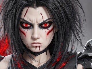 Obraz premium Haunting Beauty,Spooky yet stunning, a youthful beauty flaunts eerie eye makeup, bold blood-red lips, and a mischievous grin in a hauntingly lit