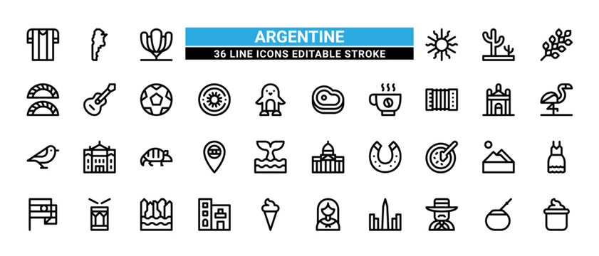 36 Argentina Line Icons Set Pack Editable Stroke Vector Illustration.