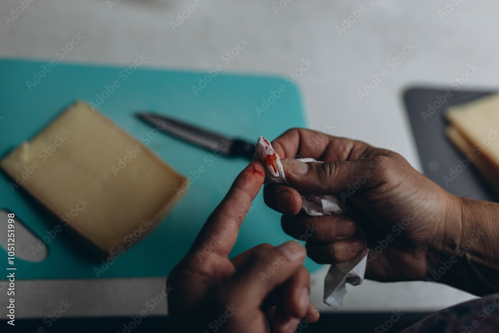 Wall mural Man cut finger while cooking in kitchen, closeup