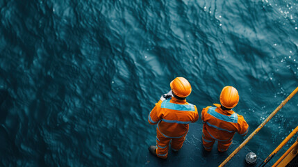 Two engineers in orange safety gear collaborate on offshore oil platform, overlooking deep blue sea. Their teamwork and focus are evident in this dynamic setting