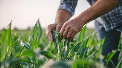 Dedicated field worker or agronomist evaluating the health of lush corn crops in a vibrant agricultural landscape, focusing on sustainable farming practices and crop management techniques in a sunny o