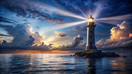 Fototapeta premium Captivating Lighthouse at Dusk: A Bright Beacon of Hope in Tranquil Waters, Illuminating the Night Sky with its Radiant Light
