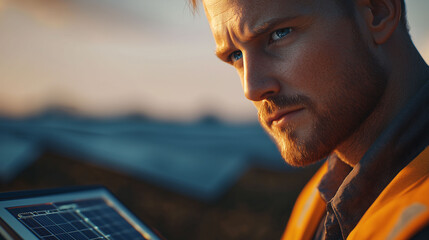 A man in an orange vest is looking at a tablet