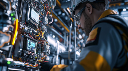 A man in a yellow and gray uniform is working on a computer monitor
